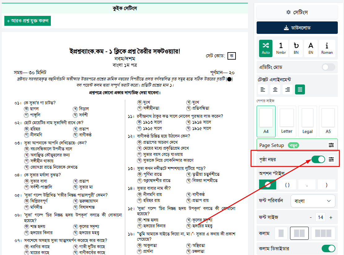 পৃষ্ঠা নম্বর চালু