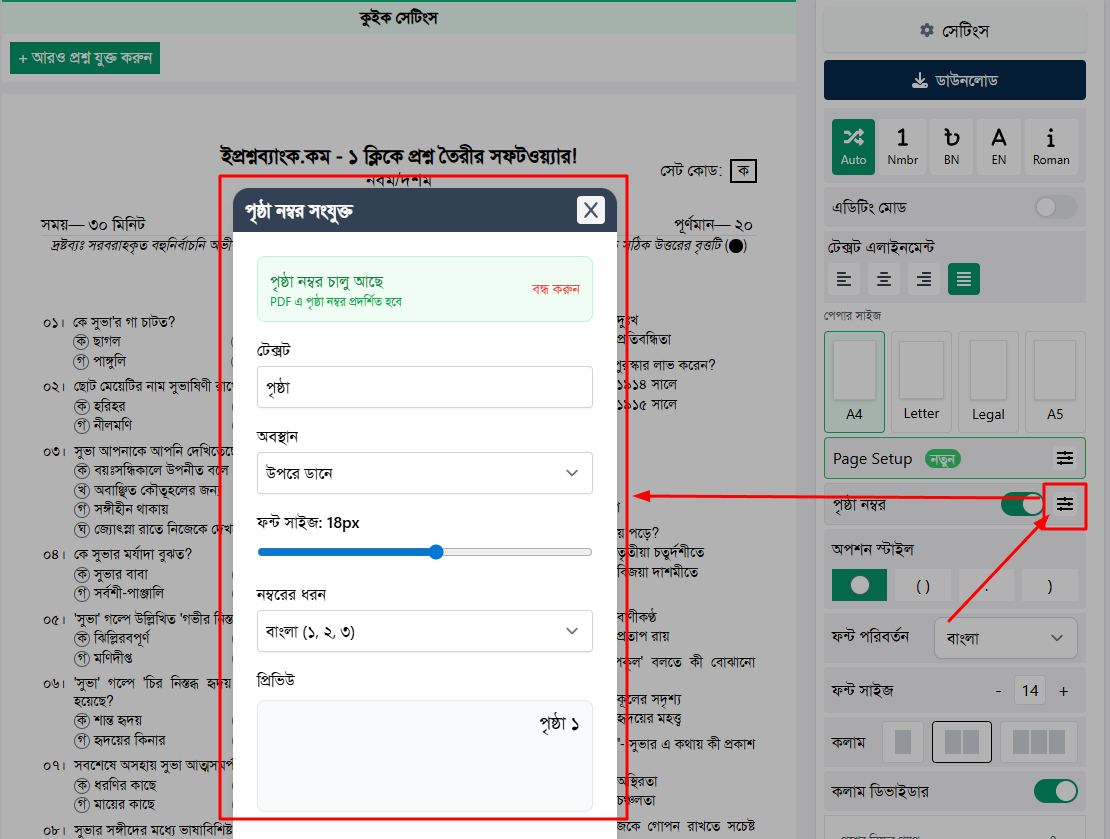পৃষ্ঠা নম্বর সেটিংস